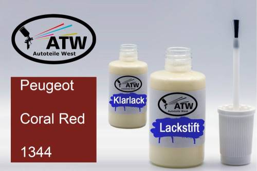Peugeot, Coral Red, 1344: 20ml Lackstift + 20ml Klarlack - Set, von ATW Autoteile West.